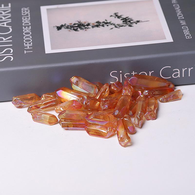 Drilled Orange Aura Quartz Crystal Points Raw Rough Clear Rock Quartz Sticks