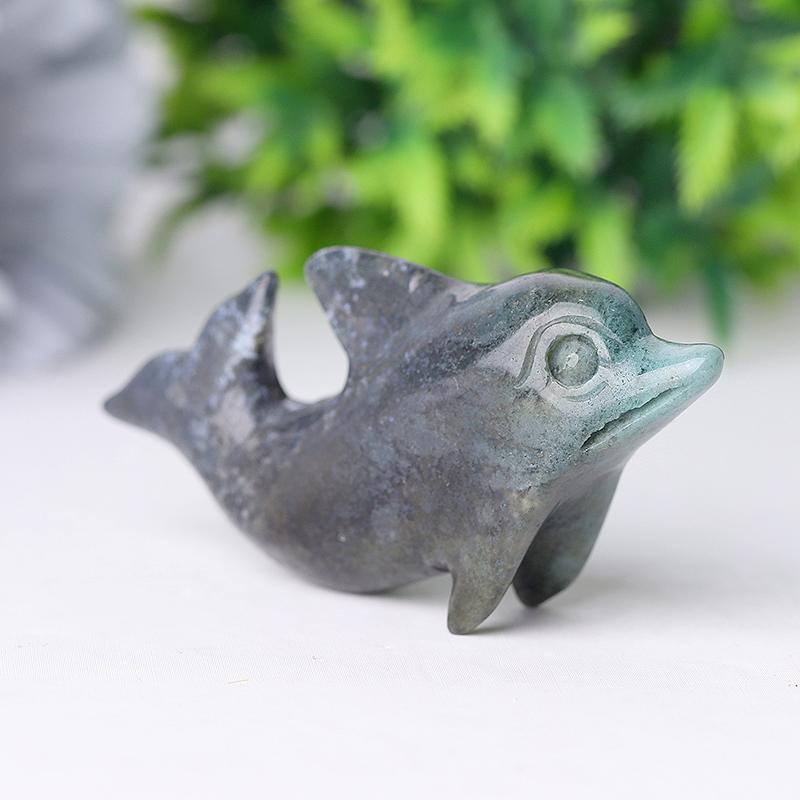 2.5" Moss Agate Dolphin Crystal Carvings Animal Bulk Best Crystal Wholesalers