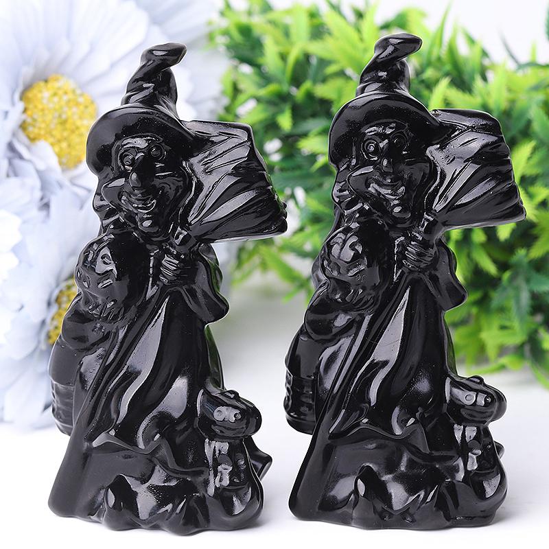 4.5" Black Obsdian Witch Crystal Carvings for Halloween Best Crystal Wholesalers