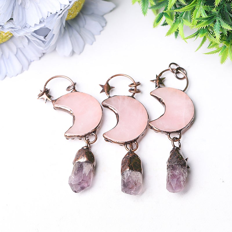 3.7" Rose Moon Amethyst Pendant Key Chain DIY Best Crystal Wholesalers