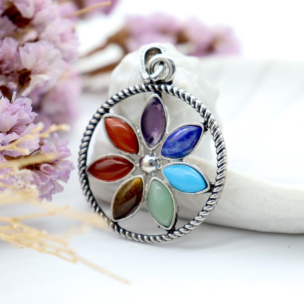 Stainless Steel Vintage Gothic Buddhist Tibetan Lotus 7 Chakra Gemstone Pendant Best Crystal Wholesalers