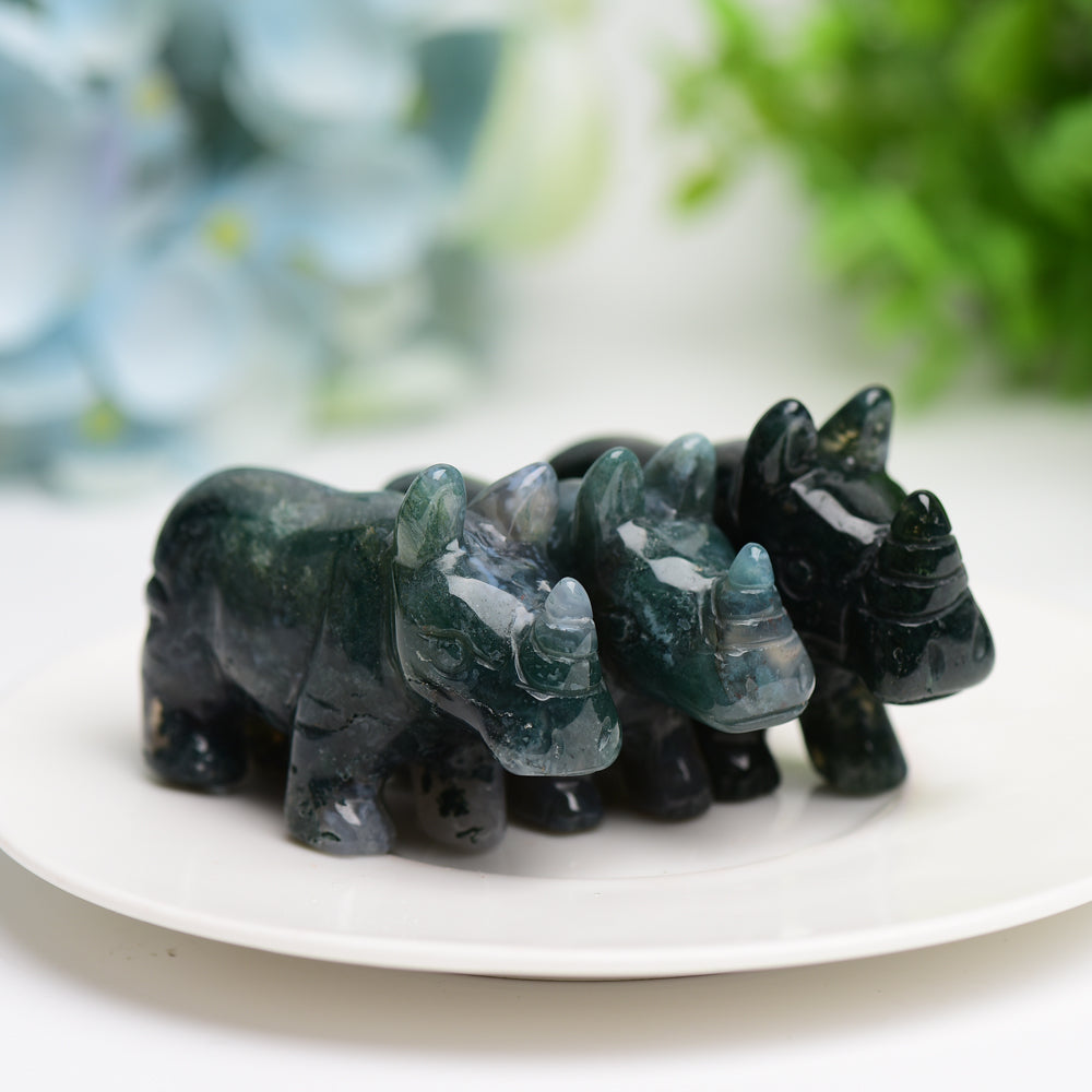 2.2" Moss Agate Rhinoceros Animal Crystal Carving Bulk Best Crystal Wholesalers