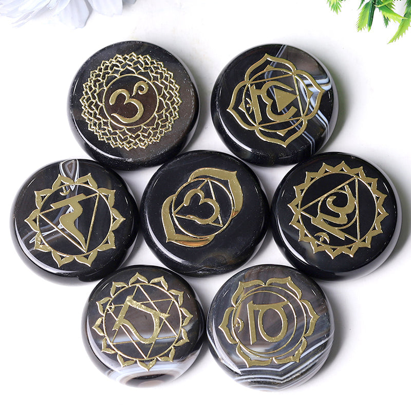 1.76" 1Set Agate Round Piece with Chakra Printed Palm Stone Bulk Best Crystal Wholesalers