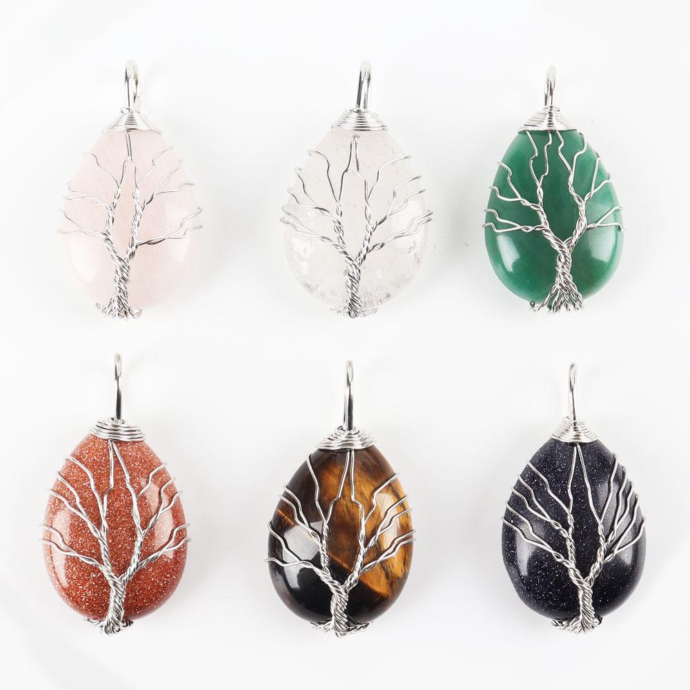 Teardrop Shape Crystal Stone Wire Wrapped Copper Tree of Life Chakra Pendant Best Crystal Wholesalers