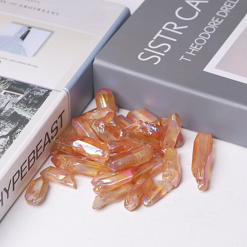 Drilled Orange Aura Quartz Crystal Points Raw Rough Clear Rock Quartz Sticks