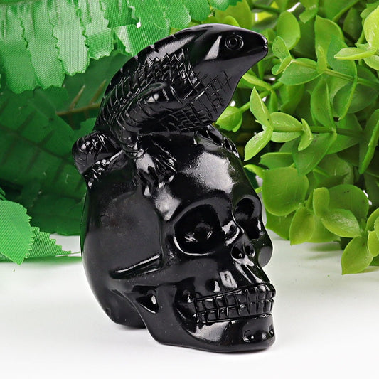 2.8" Black Obsidian Skull with Lizard Decoration Carvings Best Crystal Wholesalers