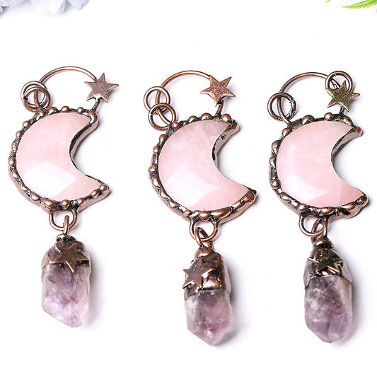 3.7" Rose Moon Amethyst Pendant Key Chain DIY Best Crystal Wholesalers