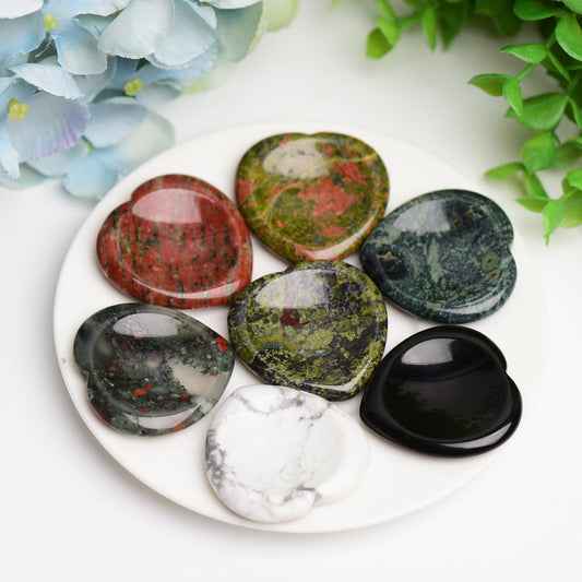 1.5" Mixed Crystal Heart Shape Worry Stone Bulk Best Crystal Wholesalers Kiwi Jasper Sodalite Kambaba Unakite Clear Quartz Peach Aventurine Howlite Jade Rose Quartz Dragon Blood Stone Blood Stone Black Obsidian Mahogany Green Aventurine Larvikite Labra