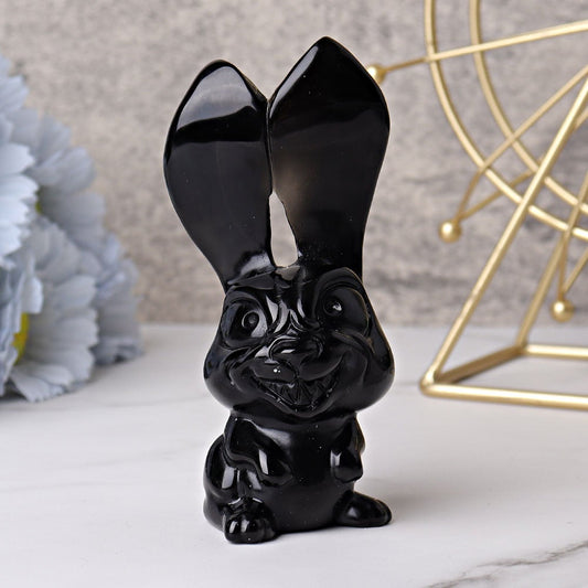 4.7" Black Obsidian Big Ears Rabbit Crystal Carvings Best Crystal Wholesalers