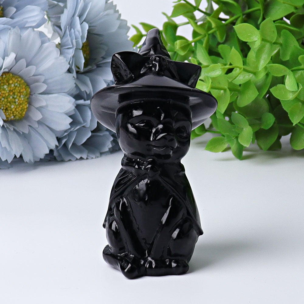 3.5" Black Obsidian Cat with Witch's Hat Crystal Carvings Best Crystal Wholesalers