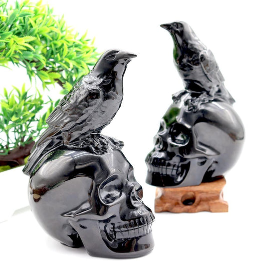 Black Obsidian Skull with Crow - Skull Carving, Obsidian Skull Best Crystal Wholesalers