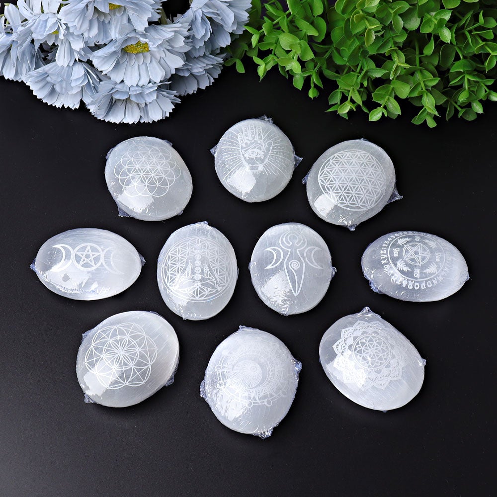 2.4" Selenite Palm Stone with Printing Best Crystal Wholesalers