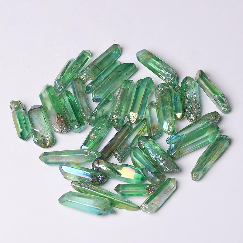 Drilled Green Aura Quartz Crystal Points Raw Rough Clear Rock Quartz Sticks