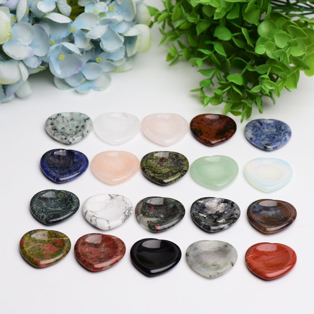 1.5" Mixed Crystal Heart Shape Worry Stone Bulk Best Crystal Wholesalers Kiwi Jasper Sodalite Kambaba Unakite Clear Quartz Peach Aventurine Howlite Jade Rose Quartz Dragon Blood Stone Blood Stone Black Obsidian Mahogany Green Aventurine Larvikite Labra