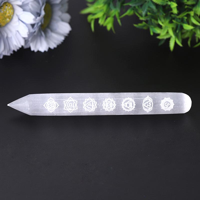 6" White Selenite Wands with Laser Engraved Chakra Pattern Bulk Best Crystal Wholesalers