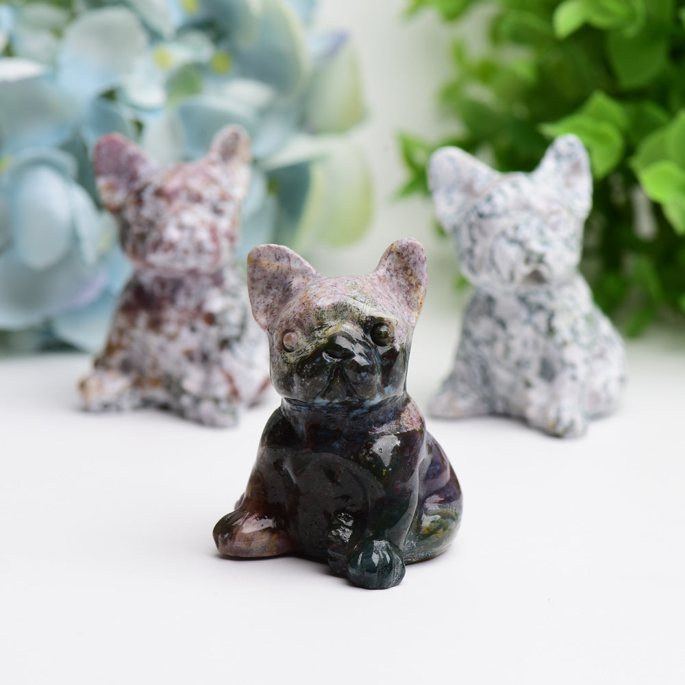 2.4" Moss Agate Bulldog Animal Crystal Carving Bulk Best Crystal Wholesalers