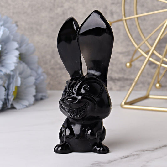 4.7" Black Obsidian Big Ears Rabbit Crystal Carvings Best Crystal Wholesalers