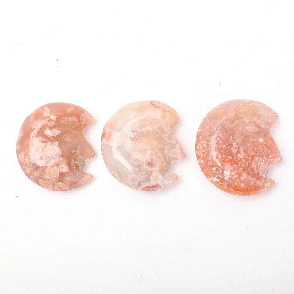 Set of 3 Flower Agate Moon Shape Carvings Plants Bulk Best Crystal Wholesalers