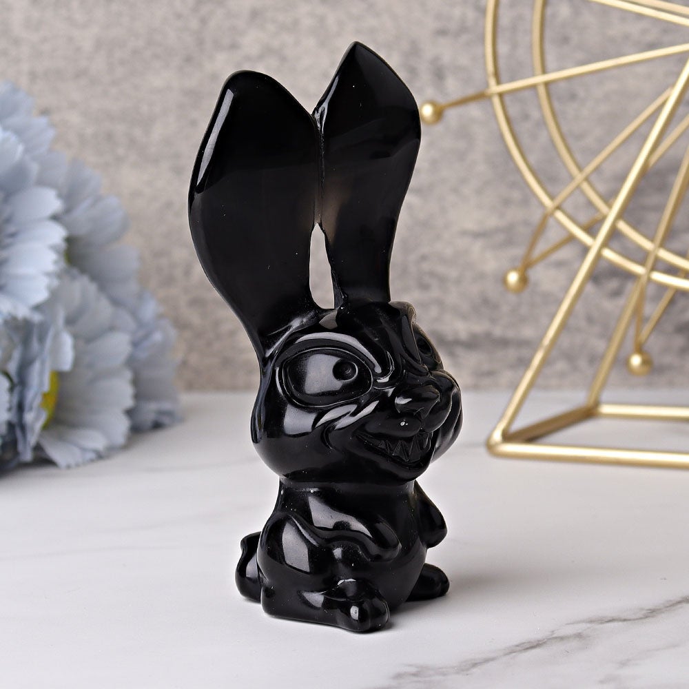 4.7" Black Obsidian Big Ears Rabbit Crystal Carvings Best Crystal Wholesalers