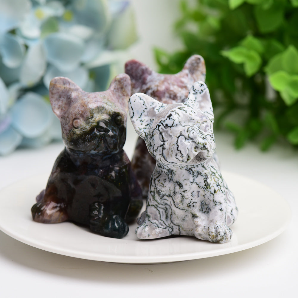 2.4" Moss Agate Bulldog Animal Crystal Carving Bulk Best Crystal Wholesalers