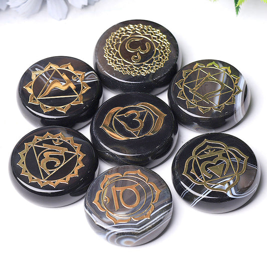 1.76" 1Set Agate Round Piece with Chakra Printed Palm Stone Bulk Best Crystal Wholesalers