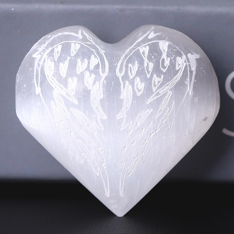 1.5" Selenite Heart Palm Stone with Laser Engraving Pattern Bulk Best Crystal Wholesalers