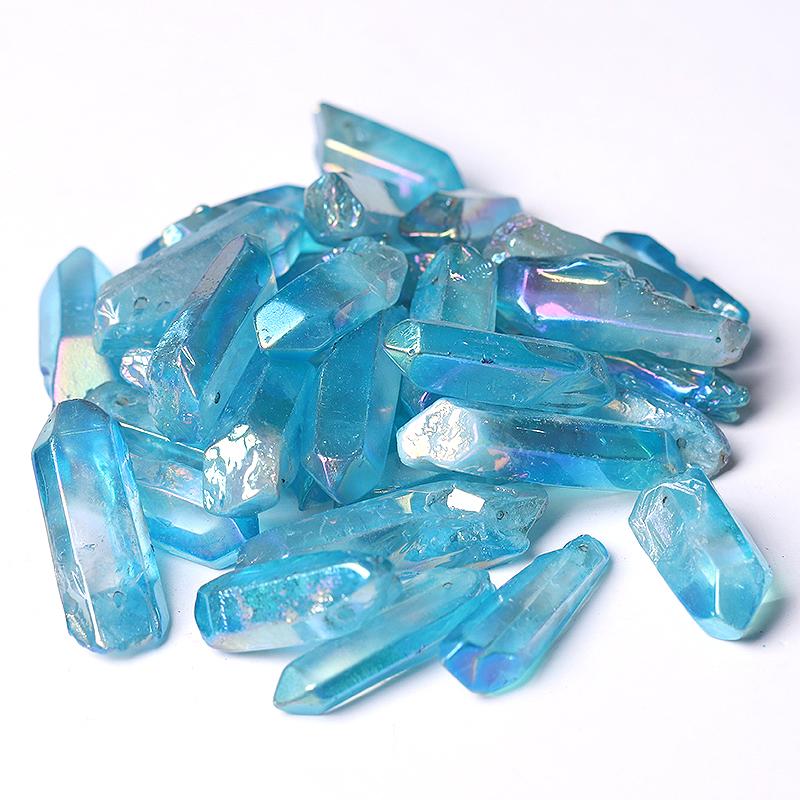 Drilled Blue Aura Quartz Crystal Points Raw Rough Clear Rock Quartz Sticks