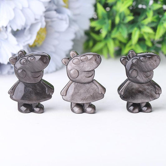 1.8" Silver Obsidian Peppa Pig Crystal Carvings Cartoon Bulk Best Crystal Wholesalers