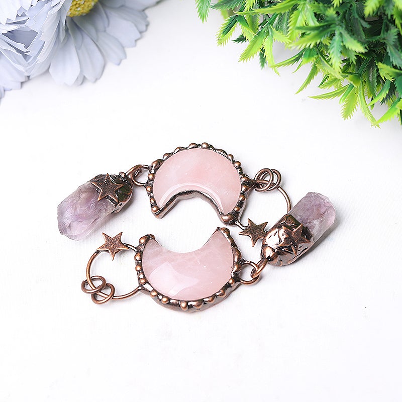 3.7" Rose Moon Amethyst Pendant Key Chain DIY Best Crystal Wholesalers