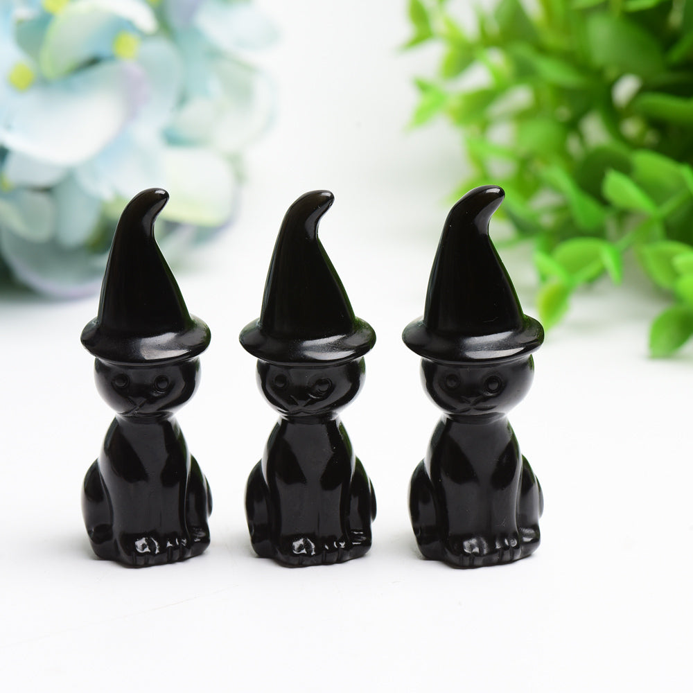 2.3" Black Obsidian Cat with Wizard Hat Carving Bulk Wholesale