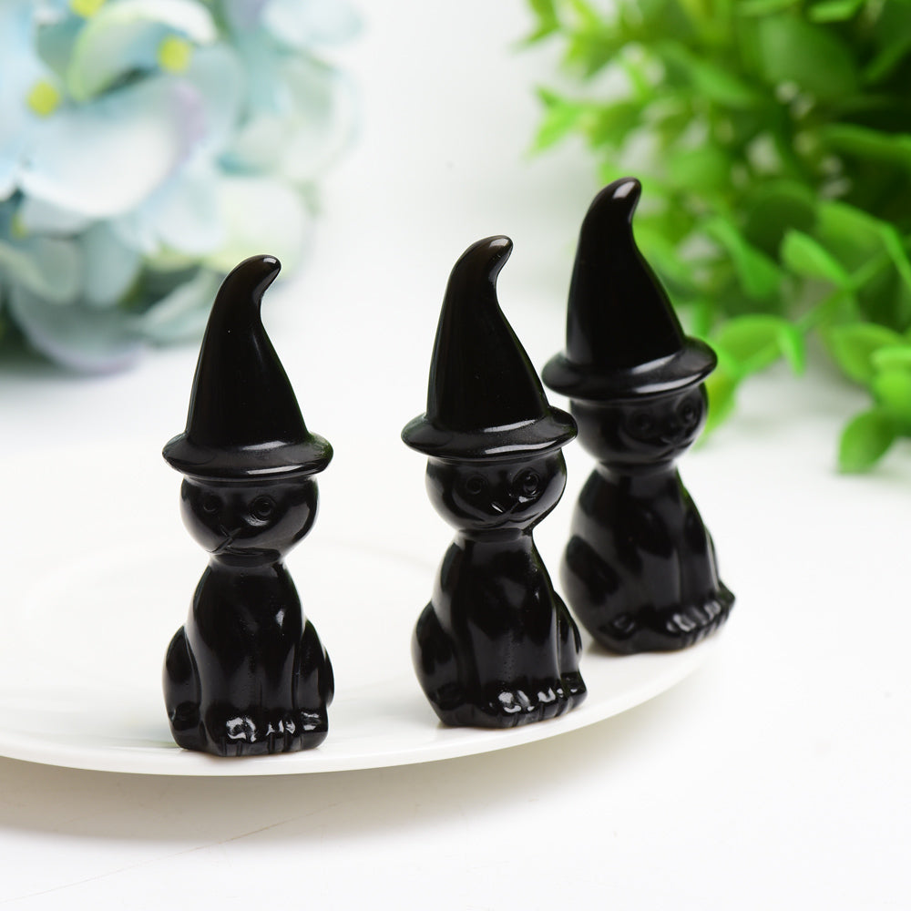 2.3" Black Obsidian Cat with Wizard Hat Carving Bulk Wholesale