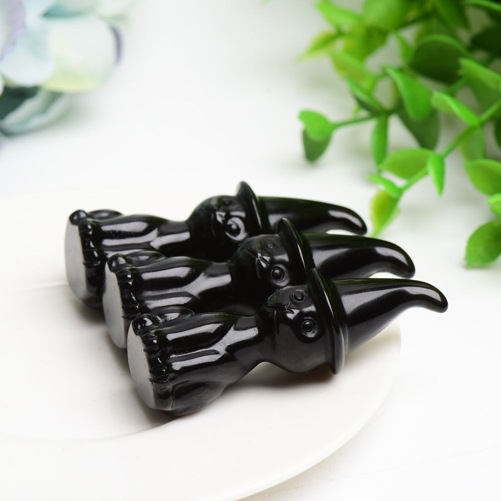 2.3" Black Obsidian Cat with Wizard Hat Carving Bulk Wholesale