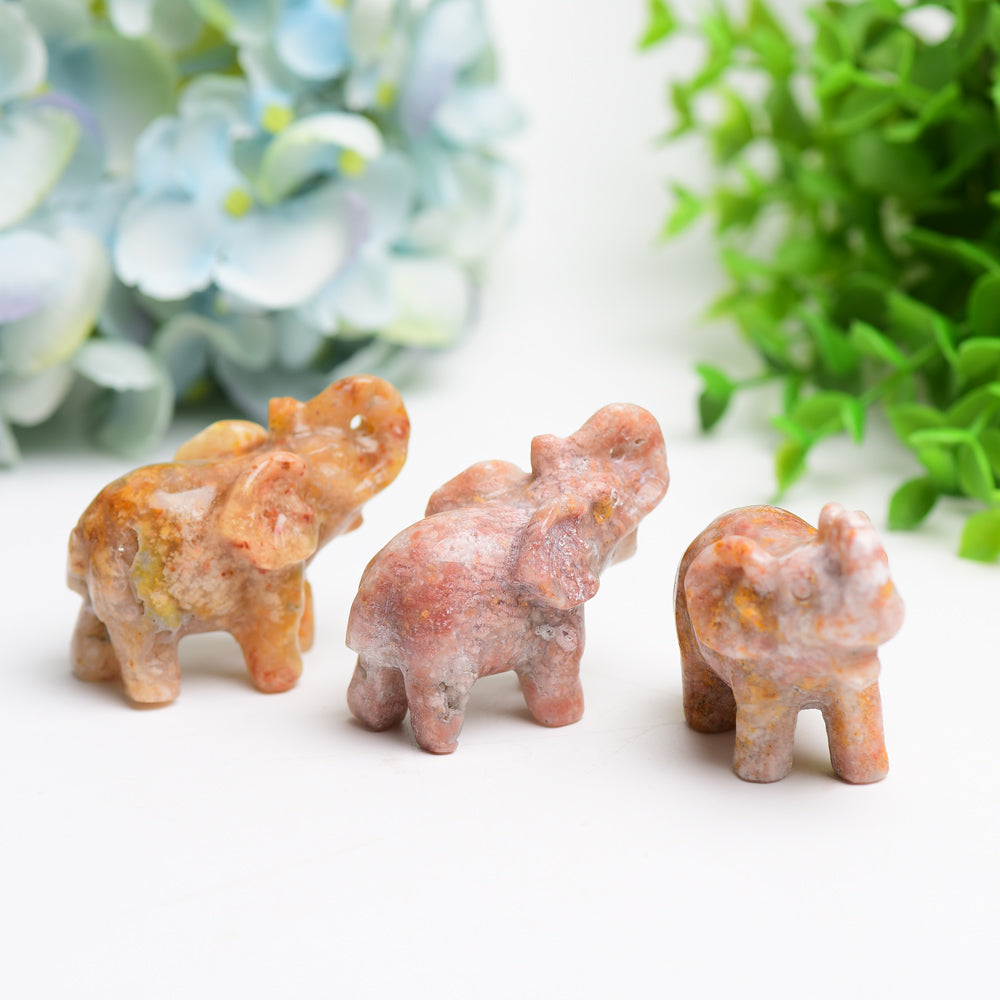 2.3" Pink Flower Agate Elephant Crystal Carving Bulk Wholesale