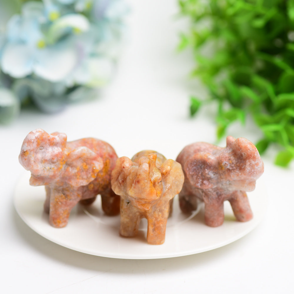 2.3" Pink Flower Agate Elephant Crystal Carving Bulk Wholesale