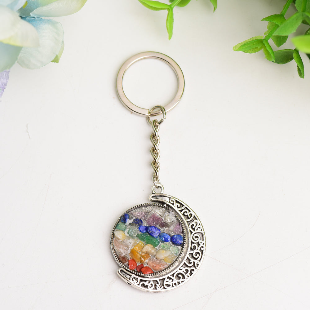 Golden Silver Moon with Chakra Key Chain