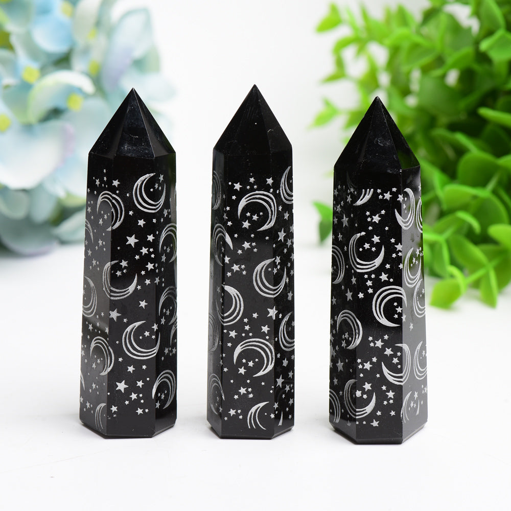 3.0"-3.5" Black Obsidian Crystal Point with Silver Moon Star Printing Bulk Wholesale