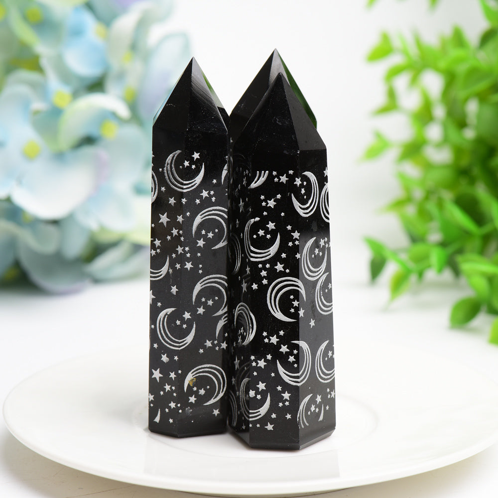 3.0"-3.5" Black Obsidian Crystal Point with Silver Moon Star Printing Bulk Wholesale