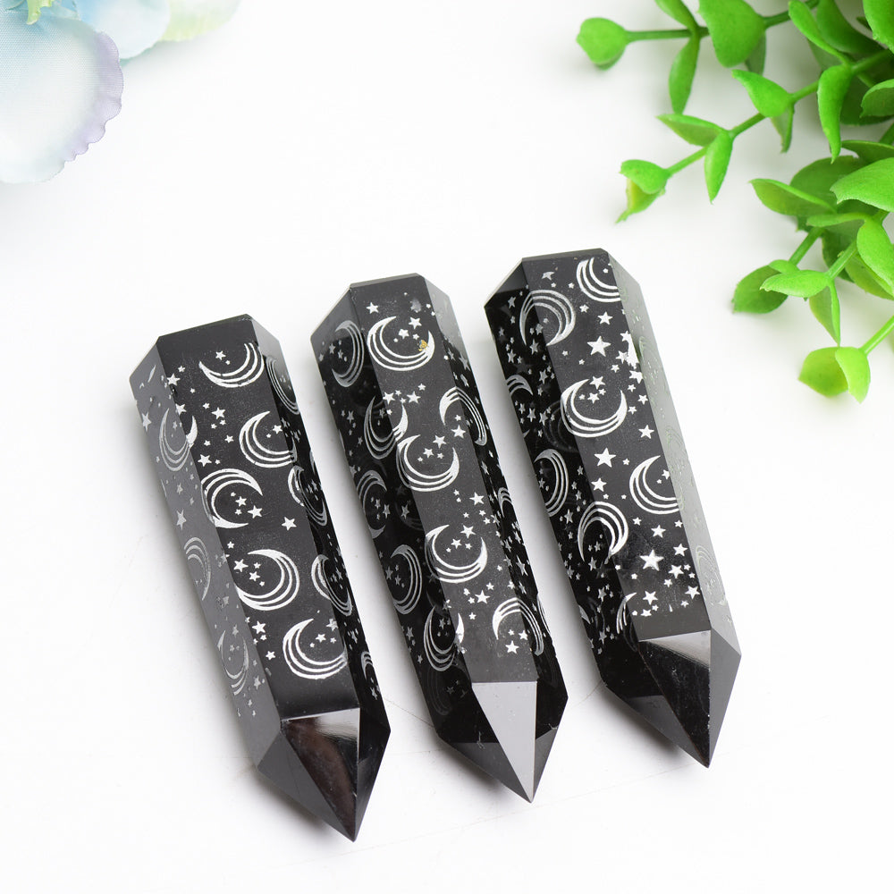 3.0"-3.5" Black Obsidian Crystal Point with Silver Moon Star Printing Bulk Wholesale