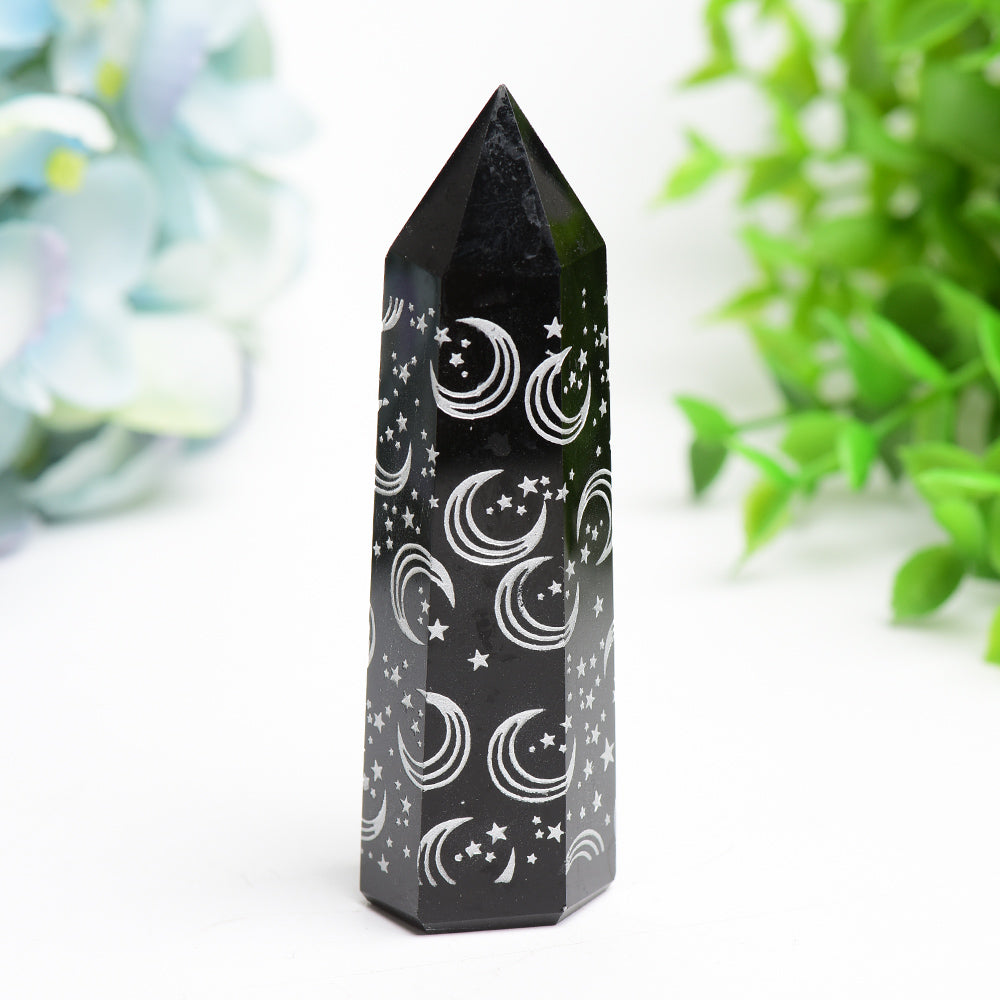 3.0"-3.5" Black Obsidian Crystal Point with Silver Moon Star Printing Bulk Wholesale