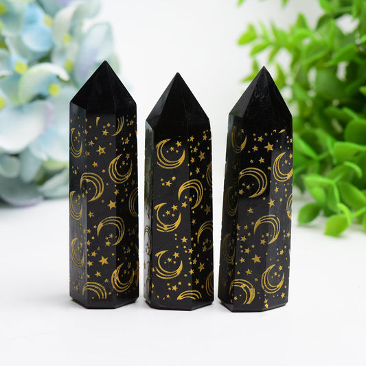 3.0"-3.5" Black Obsidian Crystal Point with Golden Moon Star Printing Bulk Wholesale