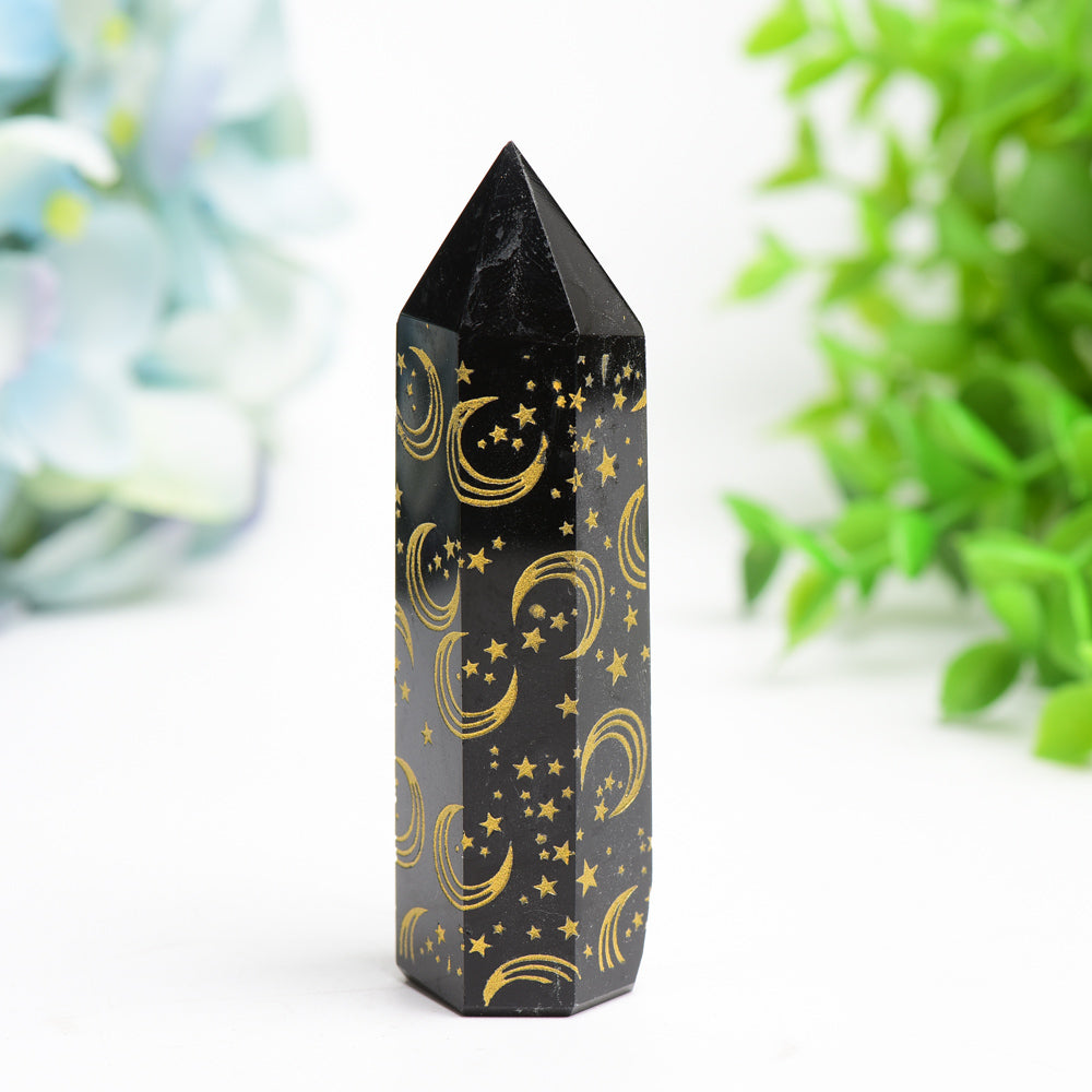 3.0"-3.5" Black Obsidian Crystal Point with Golden Moon Star Printing Bulk Wholesale