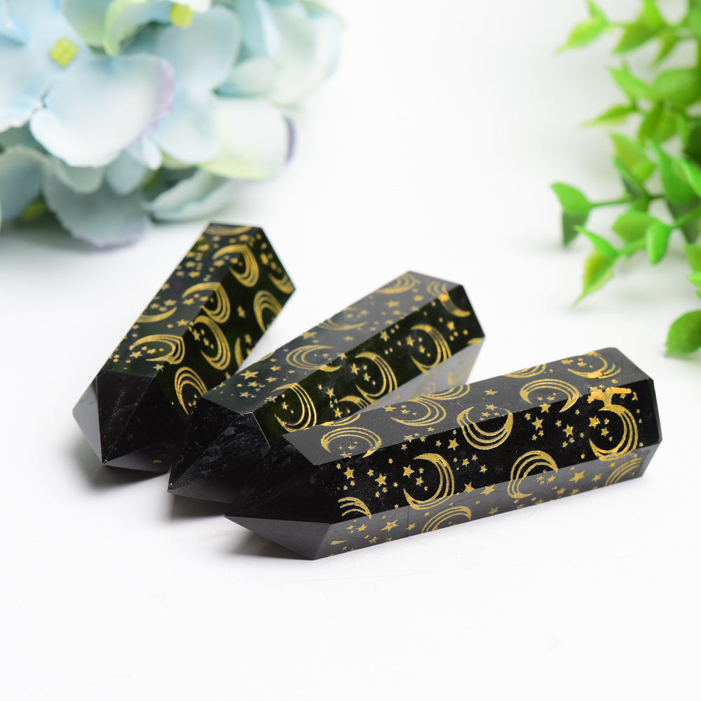 3.0"-3.5" Black Obsidian Crystal Point with Golden Moon Star Printing Bulk Wholesale