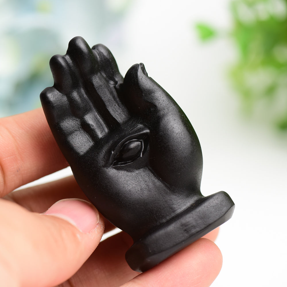 2.5" Black Obsidian Hand with Devil's Eye Crystal Carving Bulk Wholesale