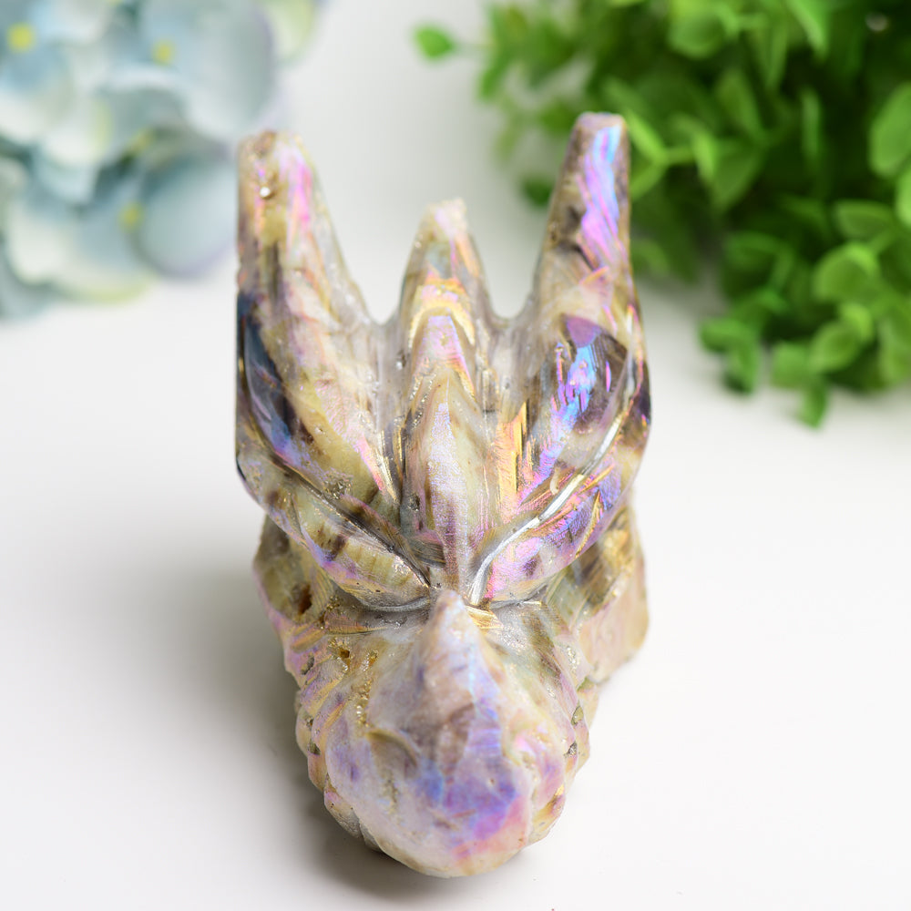 5.2" Aura Druzy Zinc Dragon Head Crystal Carving Bulk Wholesale