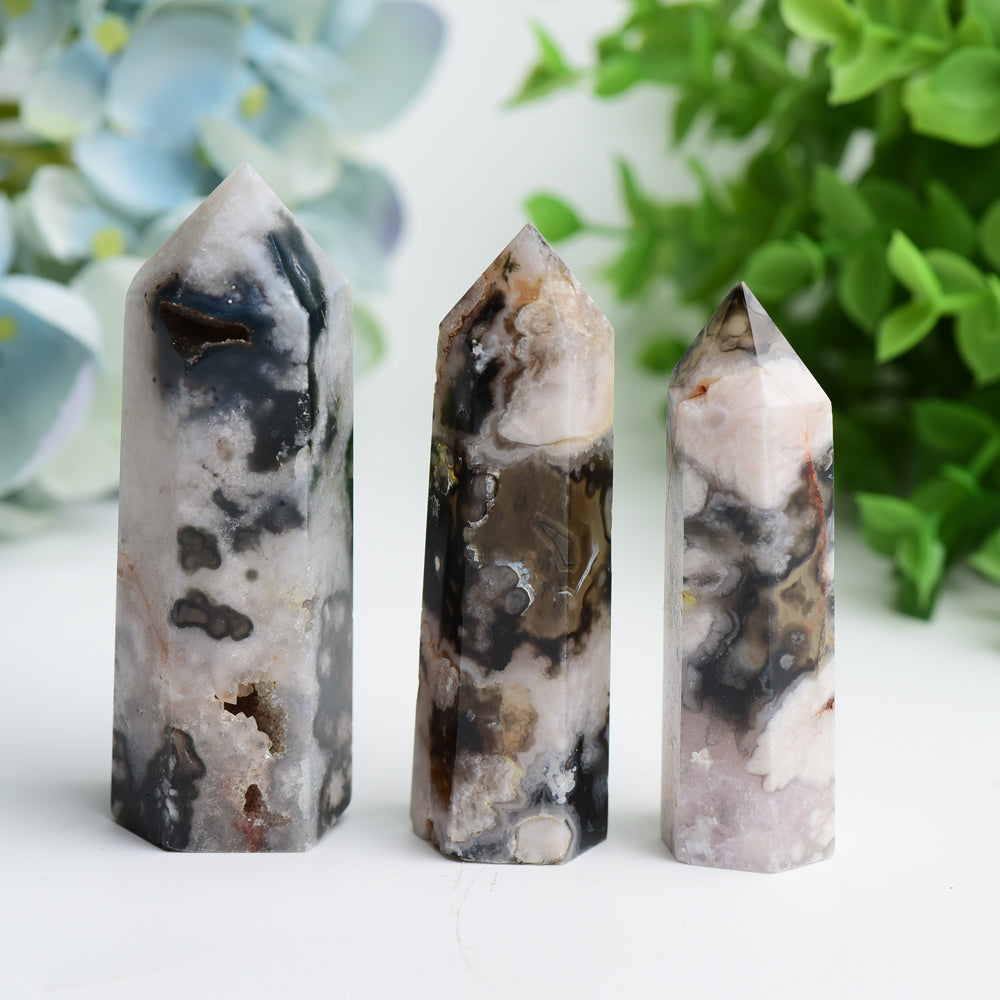 2.5"-4.0" Black Flower Agate Crystal Points Bulk Wholesale