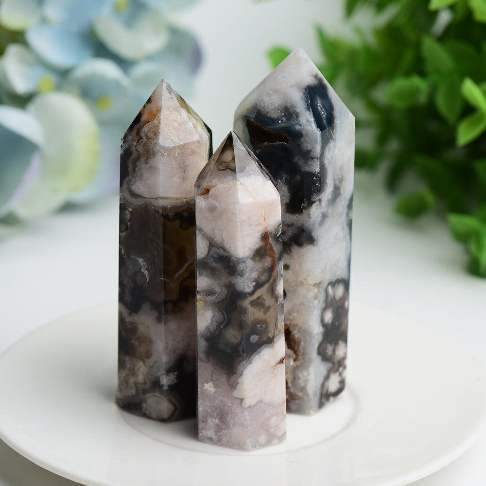 2.5"-4.0" Black Flower Agate Crystal Points Bulk Wholesale