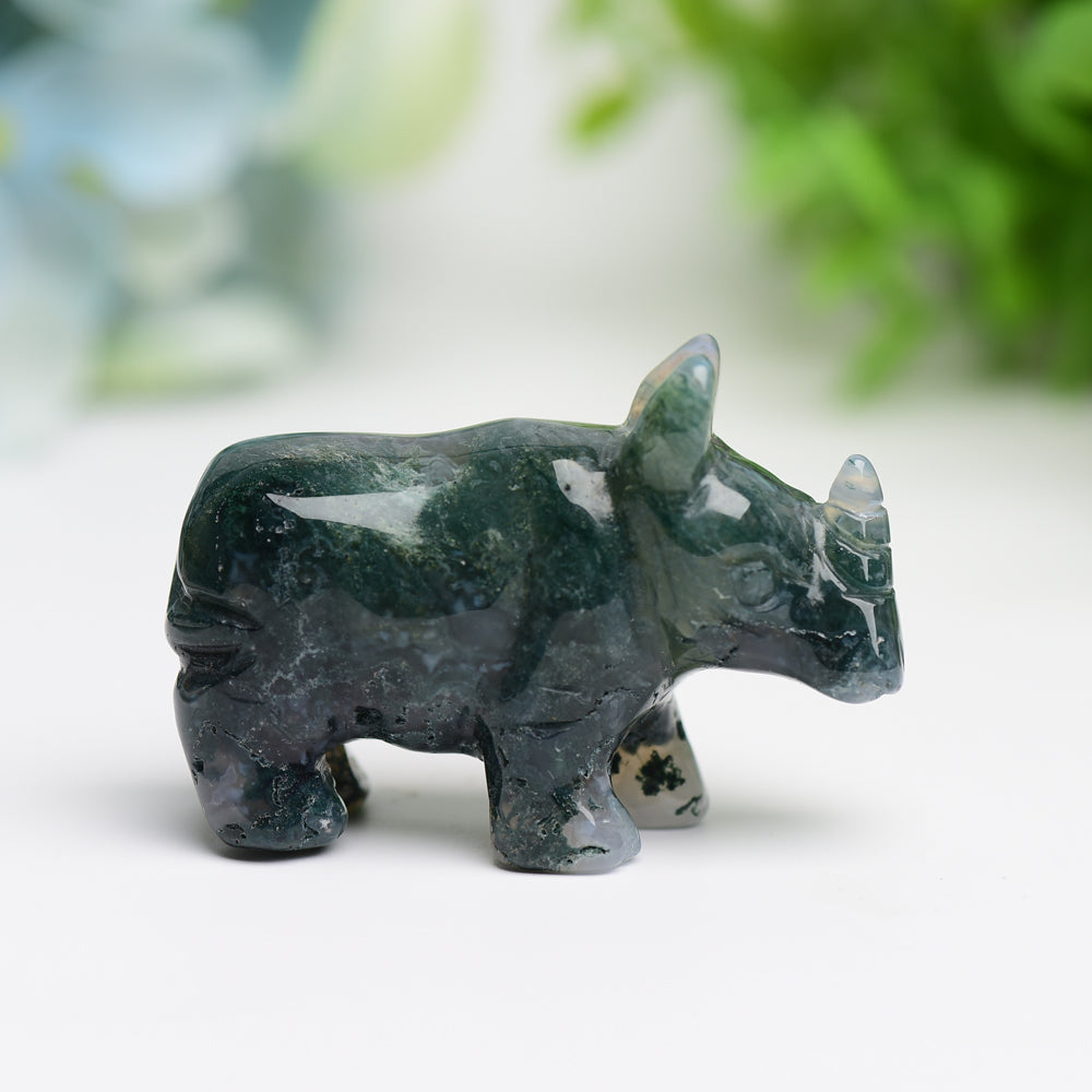 2.2" Moss Agate Rhinoceros Animal Crystal Carving Bulk Best Crystal Wholesalers