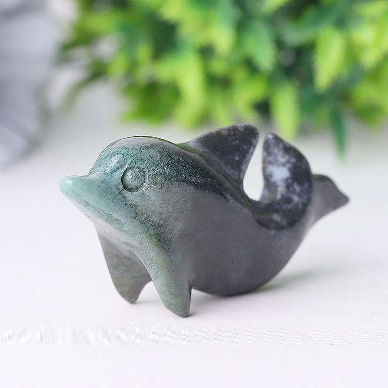 2.5" Moss Agate Dolphin Crystal Carvings Animal Bulk Best Crystal Wholesalers