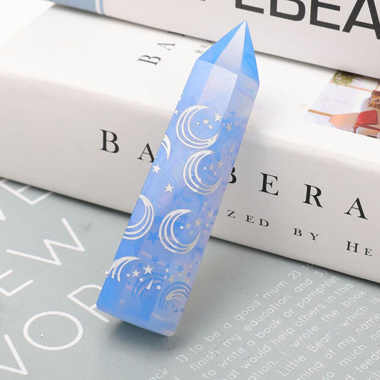 Blue Opalite Towers Points Bulk with Laser Engraved Pattern Best Crystal Wholesalers