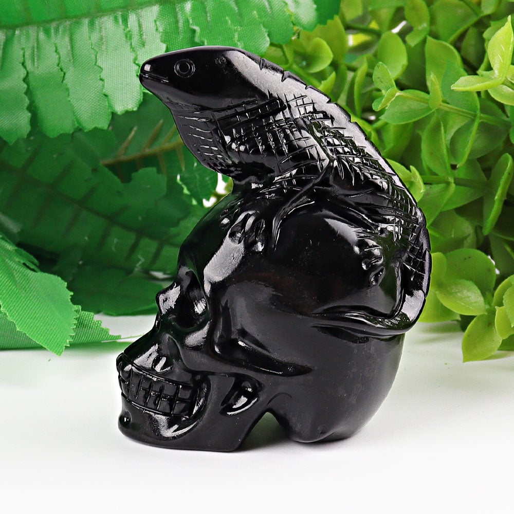 2.8" Black Obsidian Skull with Lizard Decoration Carvings Best Crystal Wholesalers